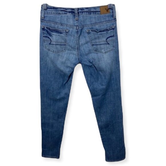 American Eagle Boy Jean Button Fly Stretch Jeans Women Size 00 Distressed Denim - Picture 3 of 8